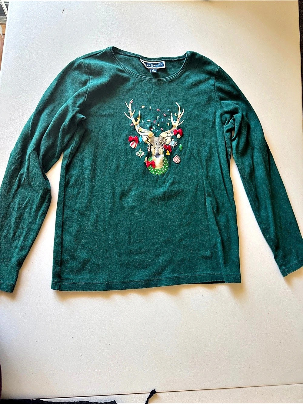 Karen Scott Reindeer Graphic Long Sleeve Top in Green Size Small